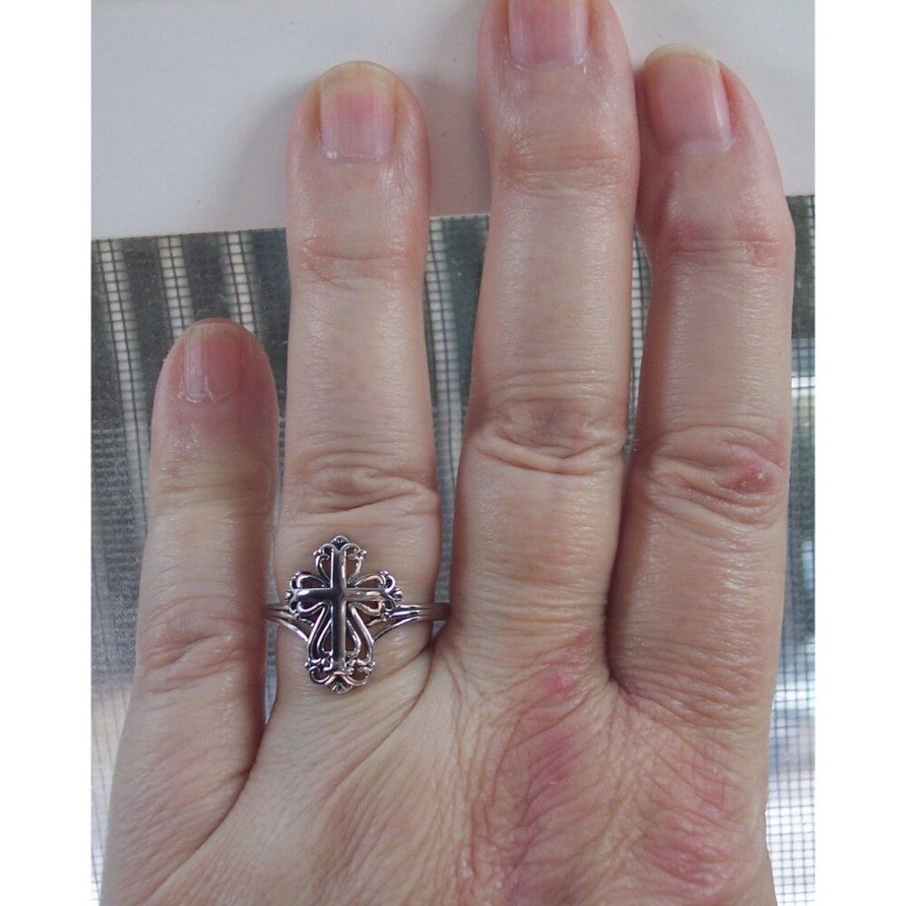 925 STERLING SILVER Antique Style Dainty Cross Ring - Picture 12 of 16
